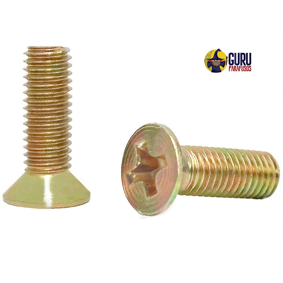 200 Parafuso M04 - 4mm - Porca e Arruela - Maquina Metrico Cabeça Chata Philips Bicromatizado