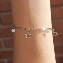 Pulseira Feminina Antialérgica em Aço Inox Zircônia Branca Pingente Estrela Pendurada Ponto de Luz Pedras