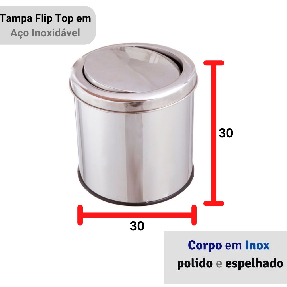 Lixeira Inox Flip Top Basculante 20 Litros - Lixo Para Cozinha Bancada Balcão