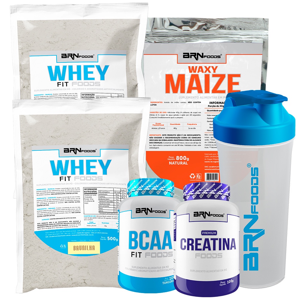 Kit 2x Whey Protein Concentrado em Blend 500g + PREMIUM Creatina 100g + BCAA Fit 100g + Waxy Maize 800g + Coqueteleira - BRN Foods