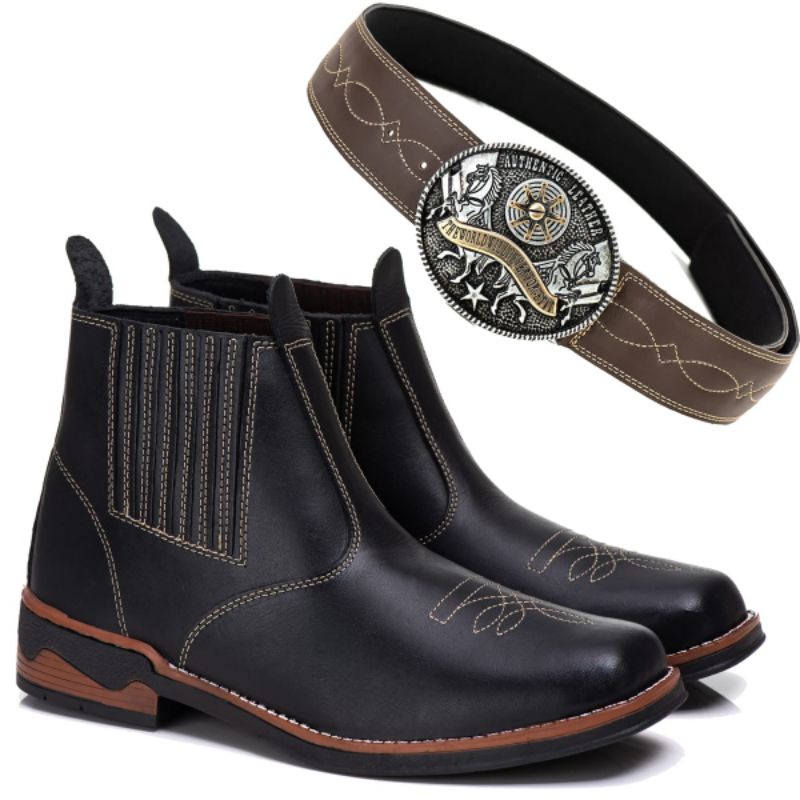 Botina de ótima qualidade no couro legítimo blaqueada mais 1 cinto country