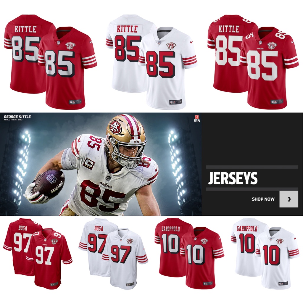 (Costurado) Camisa 2022 Masculina San Francisco 49ers 85 George Kittle 97 Nick Bosa Jersey 75th Aniversário De Futebol Americano