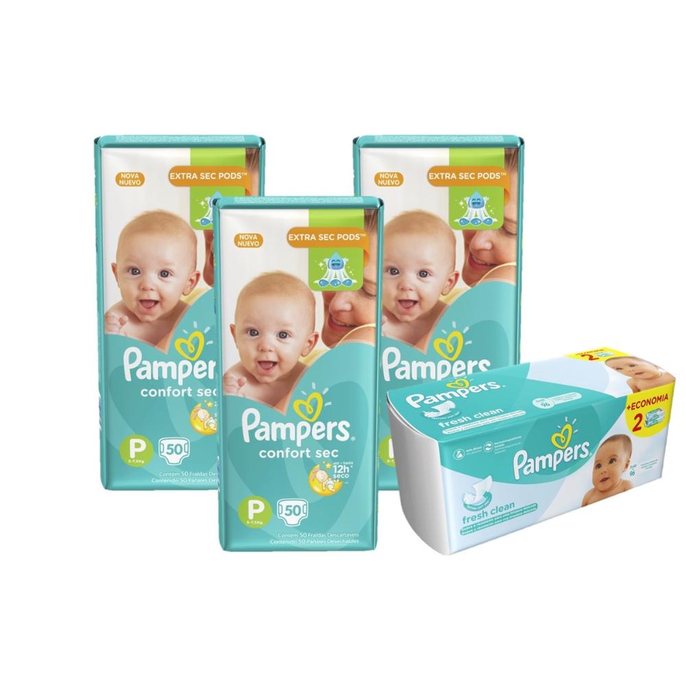 Kit Fralda Pampers Confort Sec P com 150 unidades + Lenços Umedecidos Cheirinho de Bebê com 96 unidades