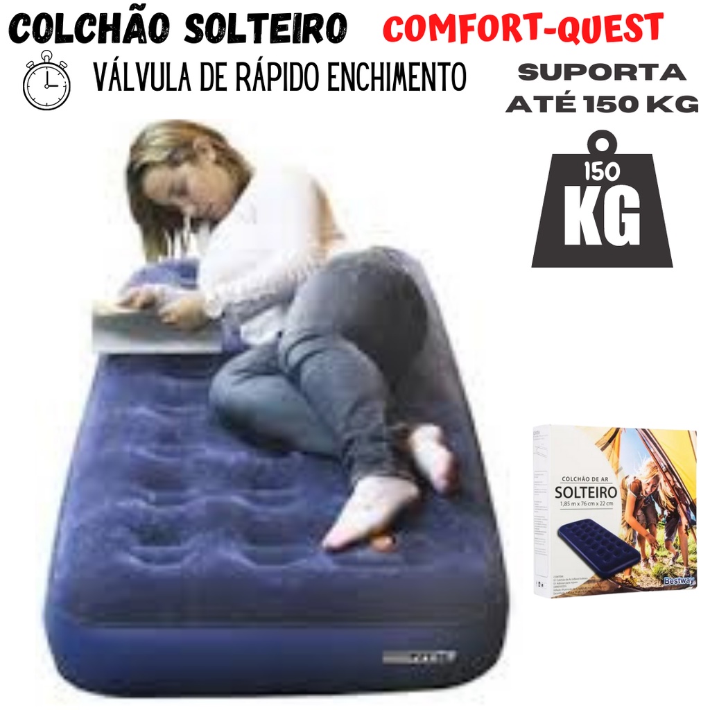 Colchão Solteiro Inflável Suporta 150 Kg c/ Válvula de Rápido Enchimento 1.85M X 76 X 22 Cms de Altura