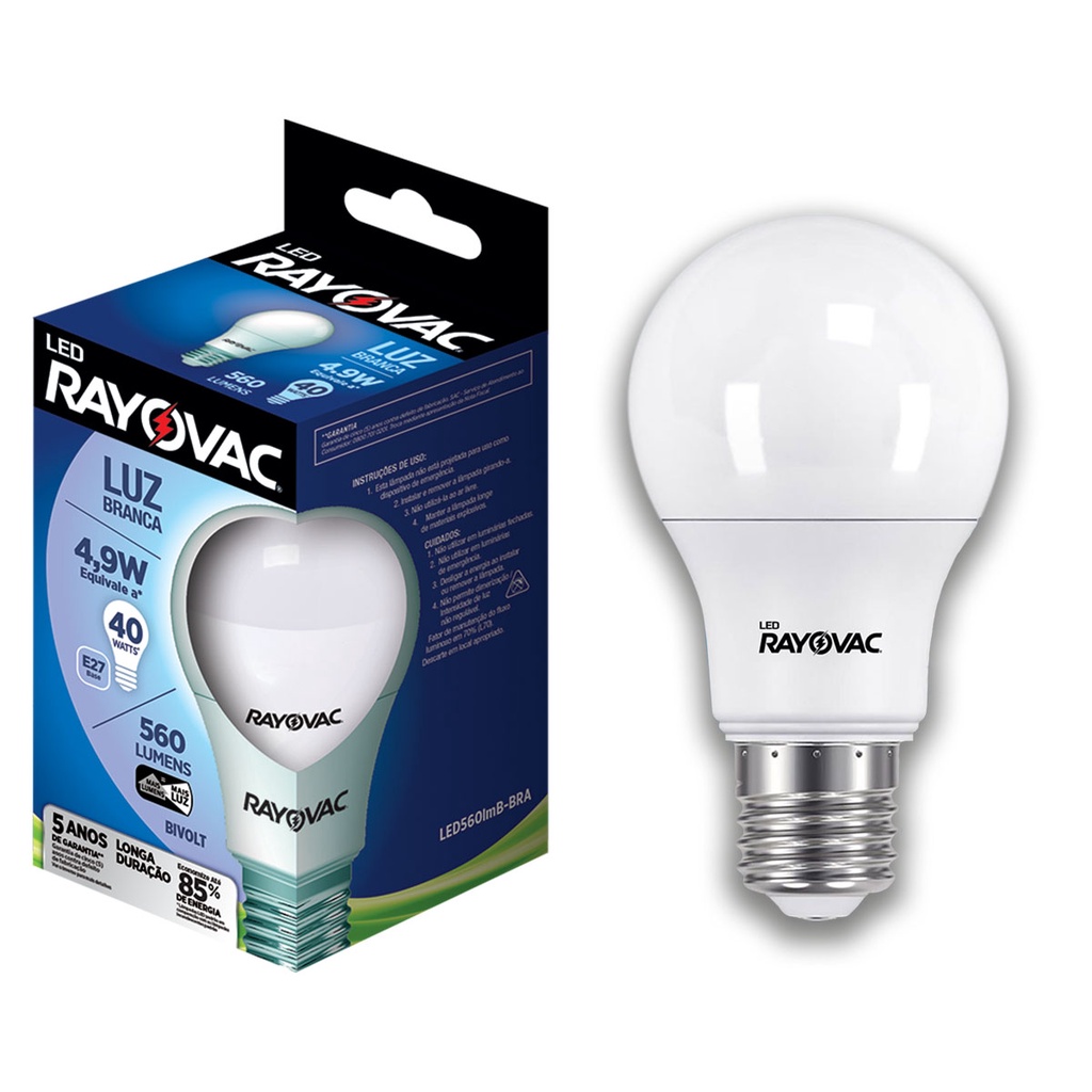 Lampada LED 4,9W Luz Branca 6500K Rayovac 1 caixa Bulbo Soquete E27 Luz Fria - Home & Living