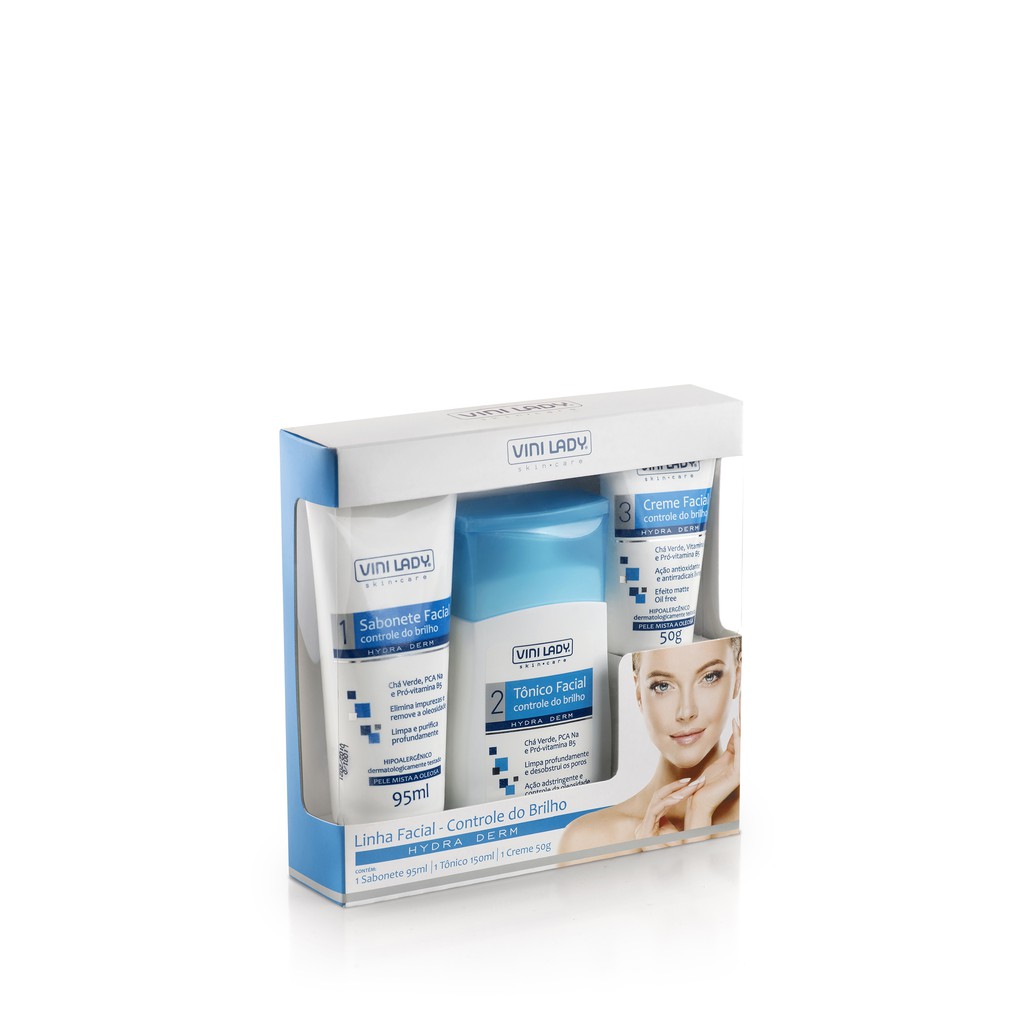 Kit com Sabonete Líquido Facial,Tônico Facial e Creme Facial Vini Lady Facial Controle do Brilho - Vini Lady