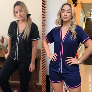 Kit 2 Pijamas Blogueirinha Aberto Com Botões Pijama Inverno Com Calça E Pijama Verão Short Amamentação Cirurgico Gestação