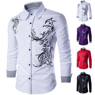 Spring and Autumn Spot Nova Moda Masculina Casual Personalidade Dragão Sem Mangas Multicolor Slim Confortável Camisa de Manga Longa