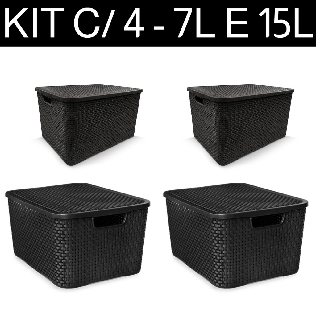 Kit Com 4 - Cesto - Caixa Organizadora Rattan - 2 De 15l E 2 De 7l - Preto