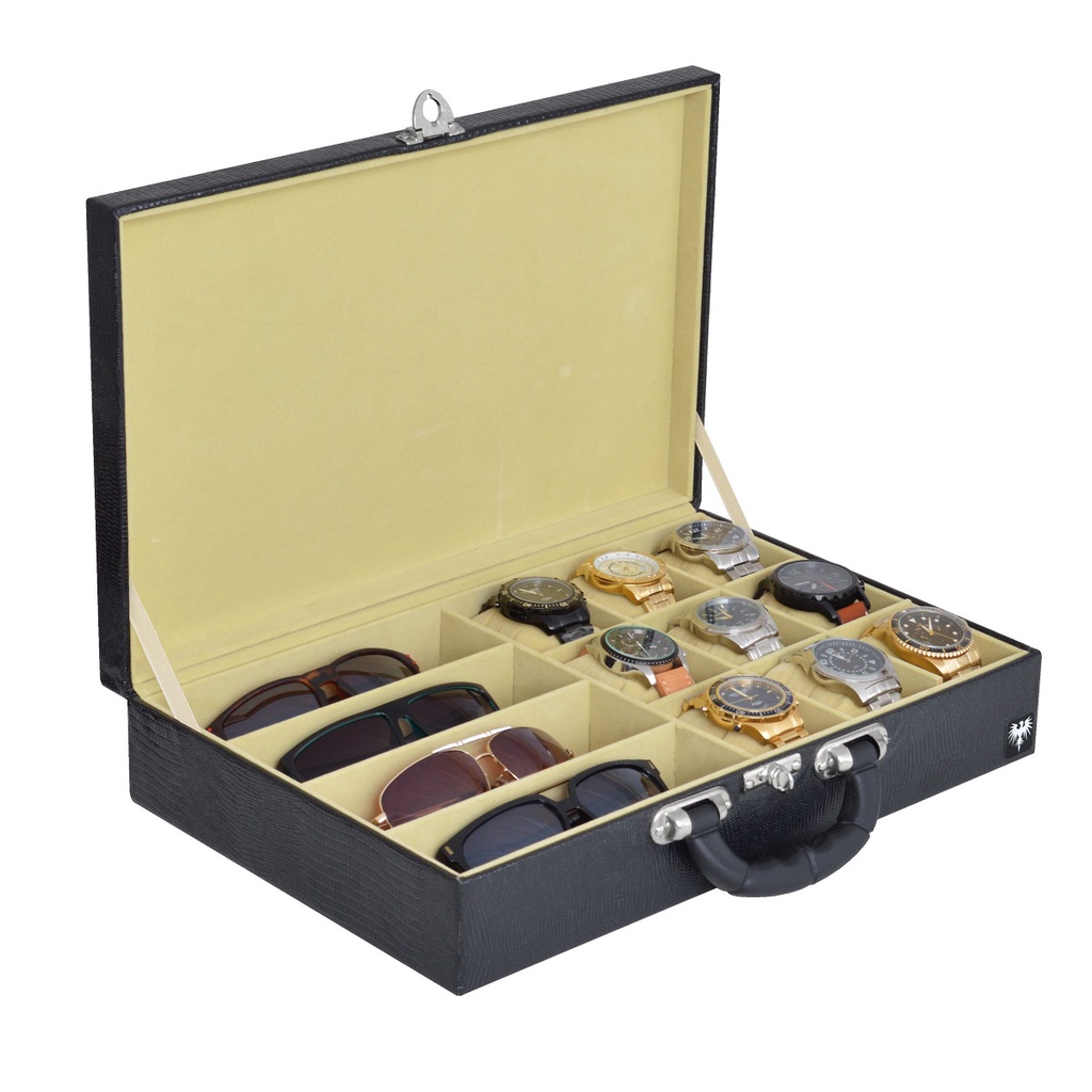 Porta 9 Relógios e 4 Óculos Total Luxo Maleta Couro Ecológico