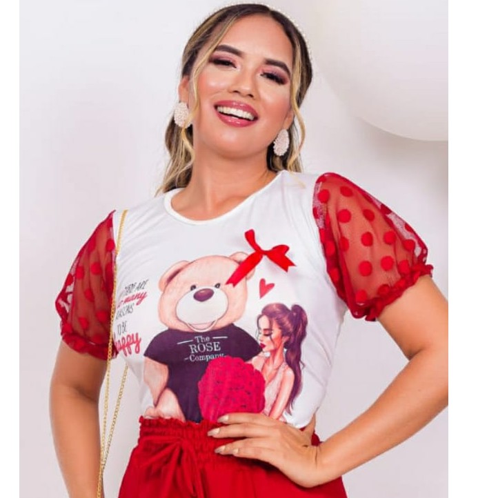 dash leaf bathing Linda Camiseta T-shirt Feminina Manga Princesa De Renda Ursinho | Shopee  Brasil