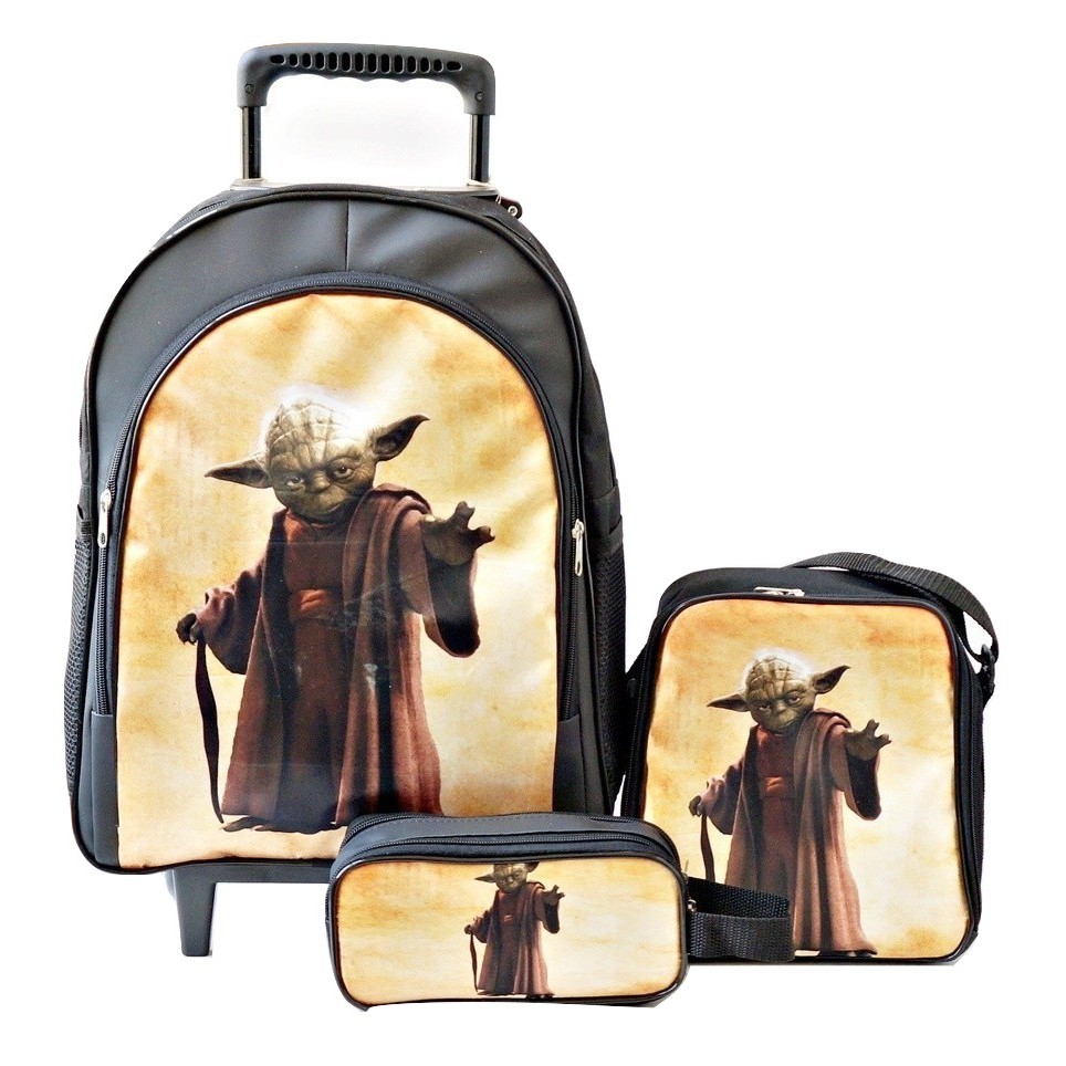 Mochila Yoda Rodinhas Lancheira Estojo Star Wars