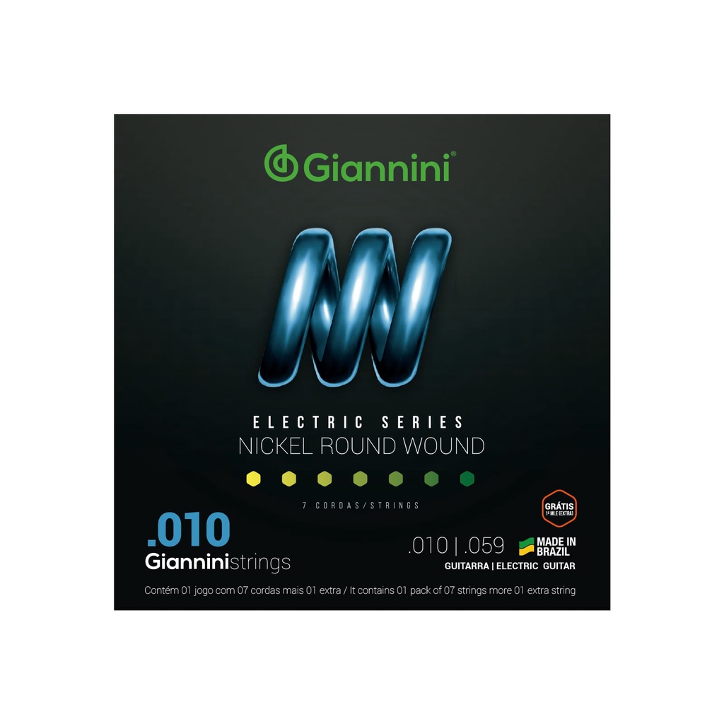 Encordoamento para Guitarra 7 cordas Giannini Nickel Round Wound GEEGST710 (.010 – .059)