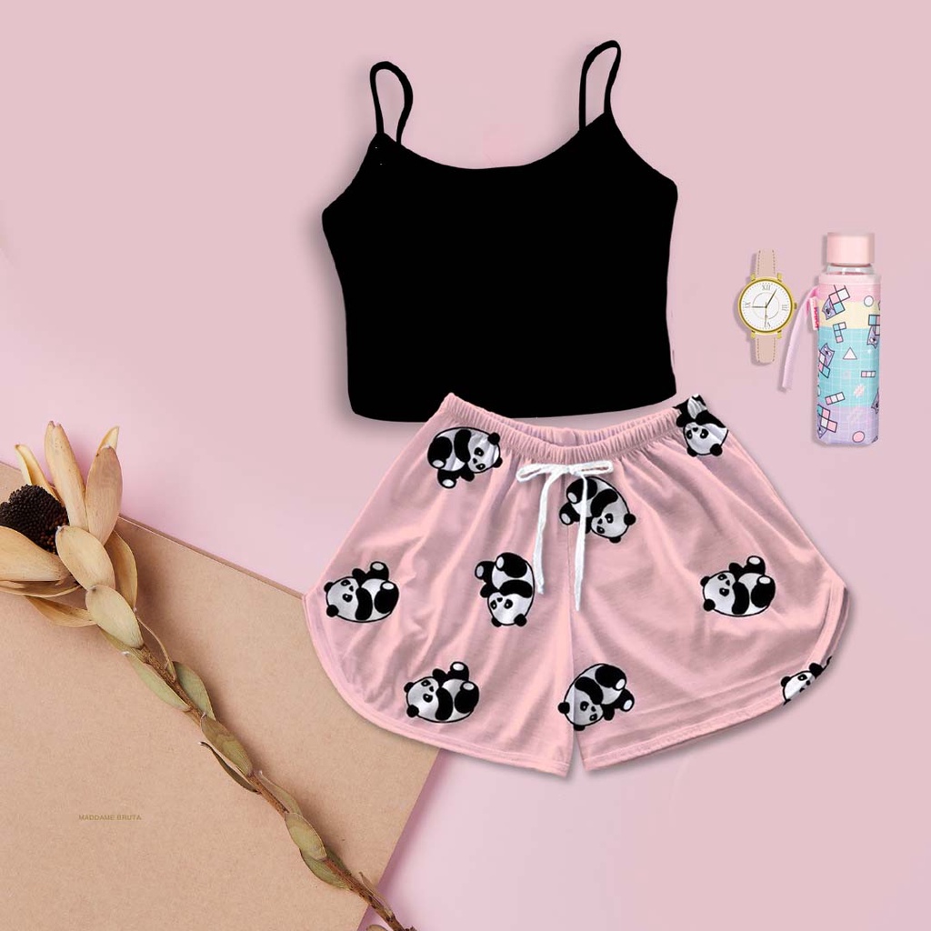 Cropped Preto Kit Completo Pijama Feminino  Estampa Panda Rosa em Oferta na Shopee