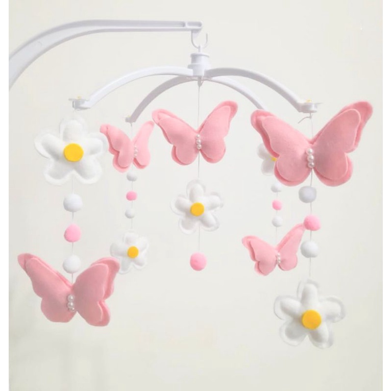 Móbile Músical e Giratório Borboleta Flor Flores Rosa e Branco em Oferta na Shopee