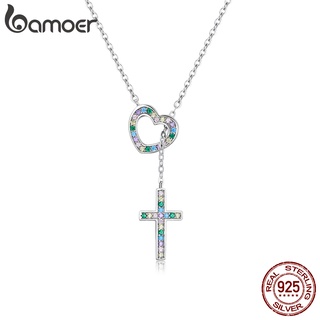Bamoer 925 Colar De Prata Cadeia Ajustável 42.5 Cm Comprimento Amor Cruz Pingente Moda Jóias Presentes Para Mulheres BSN244