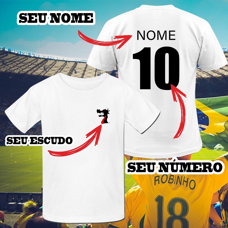 Camiseta futebol personalizada várzea / times / Fut7 / Campo / Society / Salão / Quadra / número e nome / escudo / logos / patrocínios / jogos / soccer