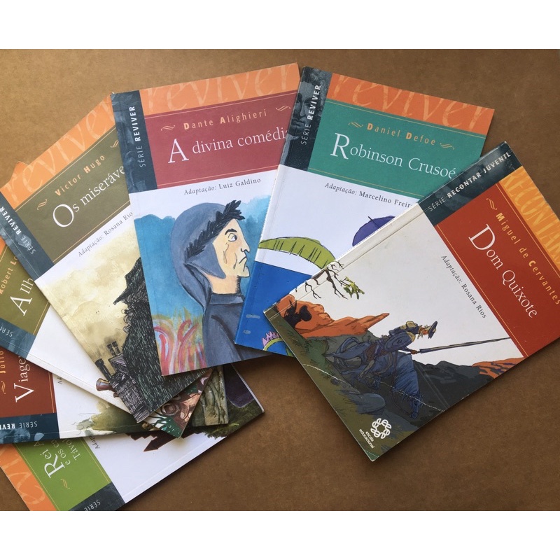 Dom Quixote, Robinson Crusoé, A Divina Comédia, Romeu e Julieta, Viagem ao centro da terra, Os Miseráveis, Gulliver, Hamlet, etc