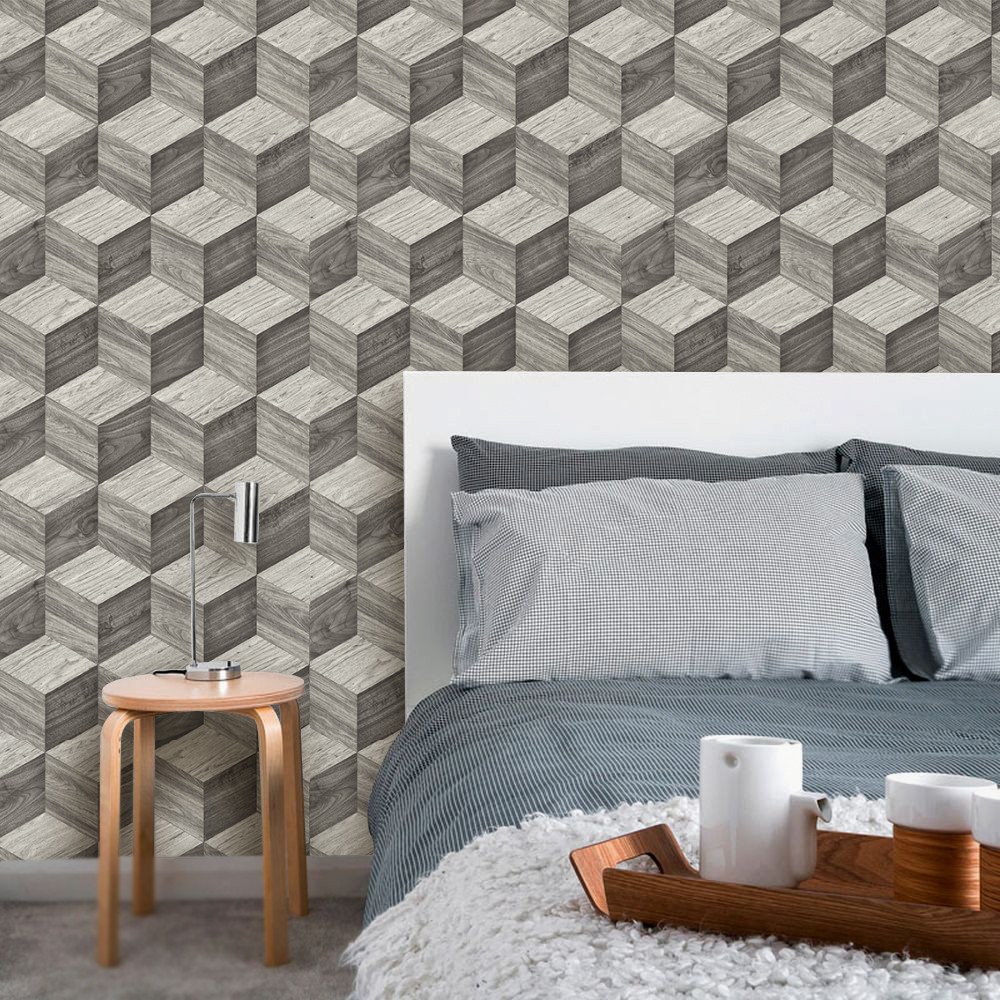 Papel de Parede Adesivo Autocolante Design 3D Geométrico Amadeirado Claro Moderno da Decoração do Quarto e Sala