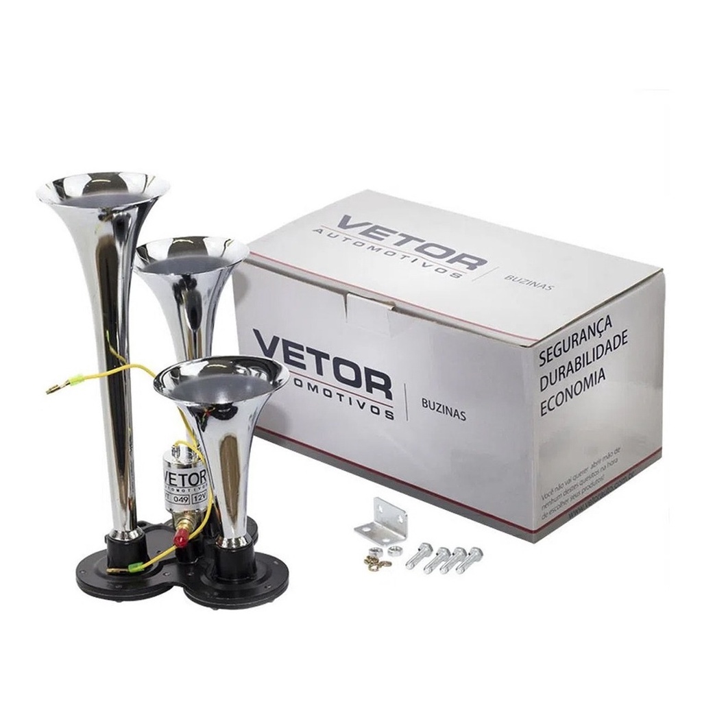Buzina Eletropneumática Vetor Auto Para Caminhão 3 Cornetas Cromadas 12/24v Com Solenóide - VT049 em Oferta na Shopee