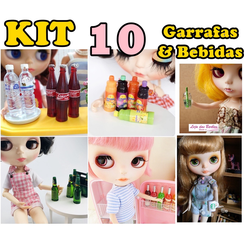 Kit 10 Garrafinhas e Bebidas Diferentes Copos Miniatura P/ Casa De Bonecas Garrafa BLYTHE MOMOKO LICCA PULLIP Refrigerante Suco Café