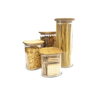 Potes de Vidro p/ Mantimentos c/ Tampa Bambu OIKOS - 4 pçs