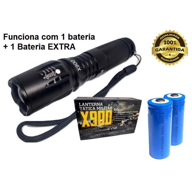 Lanterna Tática Militar X900 Super Forte + 1 Bateria Extra Recarregável