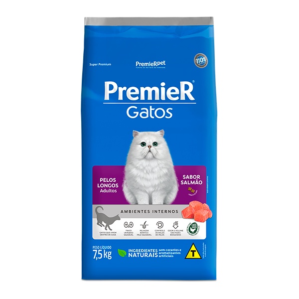 Ração Premier Ambientes Internos para Gatos Adultos com Pelos Longos Sabor Salmão - 7,5Kg em Oferta na Shopee