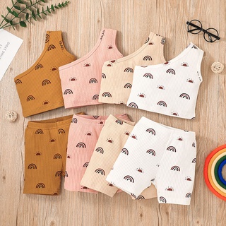Conjunto Roupa Infantil Menina 1-5 anos Verão Moda Coreana Arco-Íris Sem Mangas croptop Com Short Calção Para Bebê Crianças