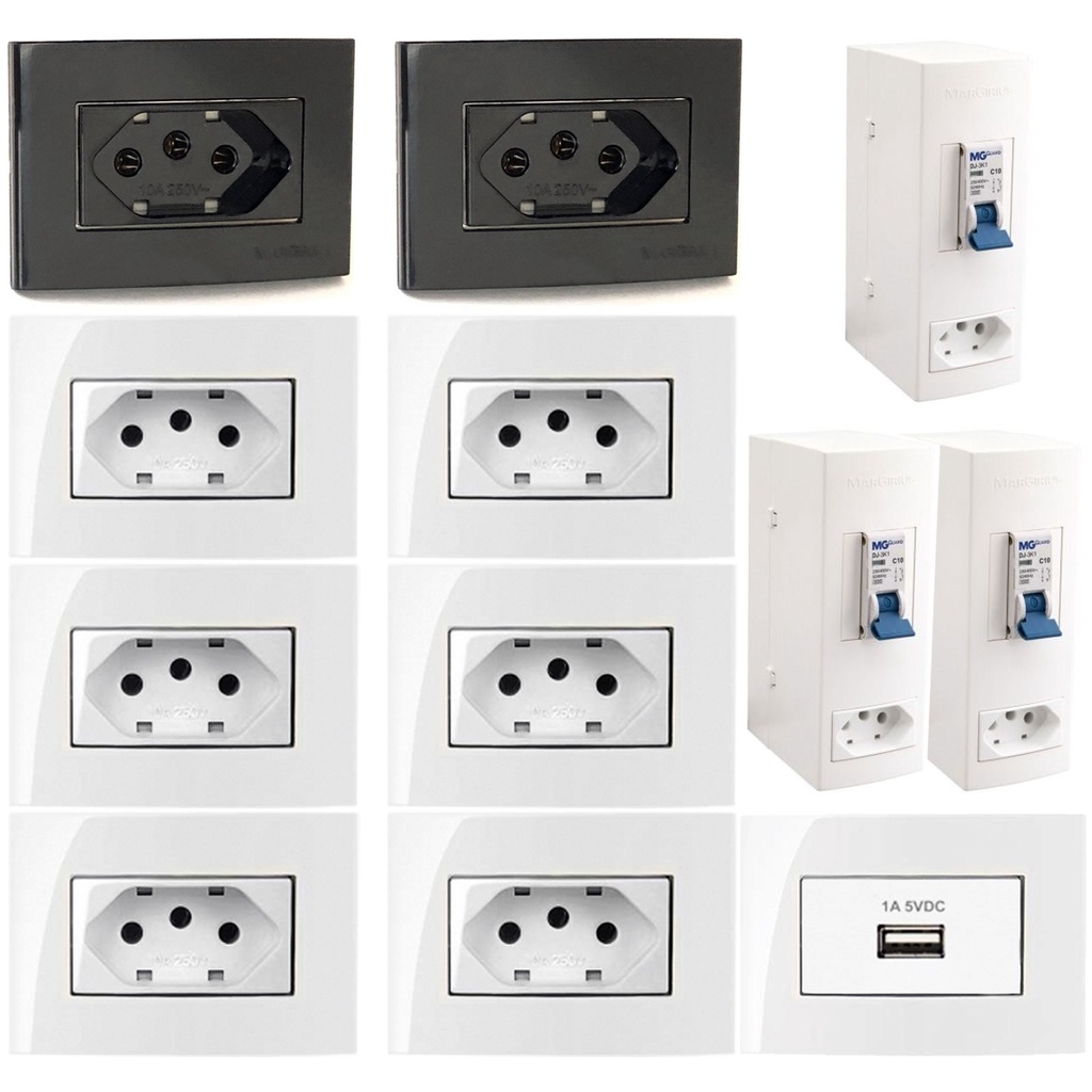 6 Tomada Embutir 3 Pinos 10a Branca + 2 Preta + 1 Usb 1a + 3 Caixa Sobrepor Unipolar 20a