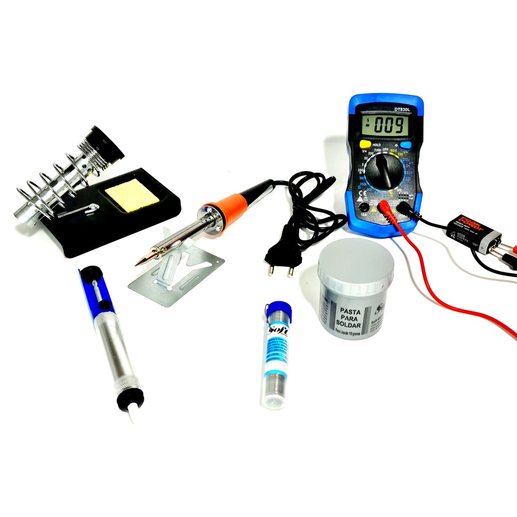 Kit De Solda Completo Ferro De Solda 40w 220v + Multimetro Digital Dt830l + Suporte Para Ferro + Pasta + Estanho + Sugador