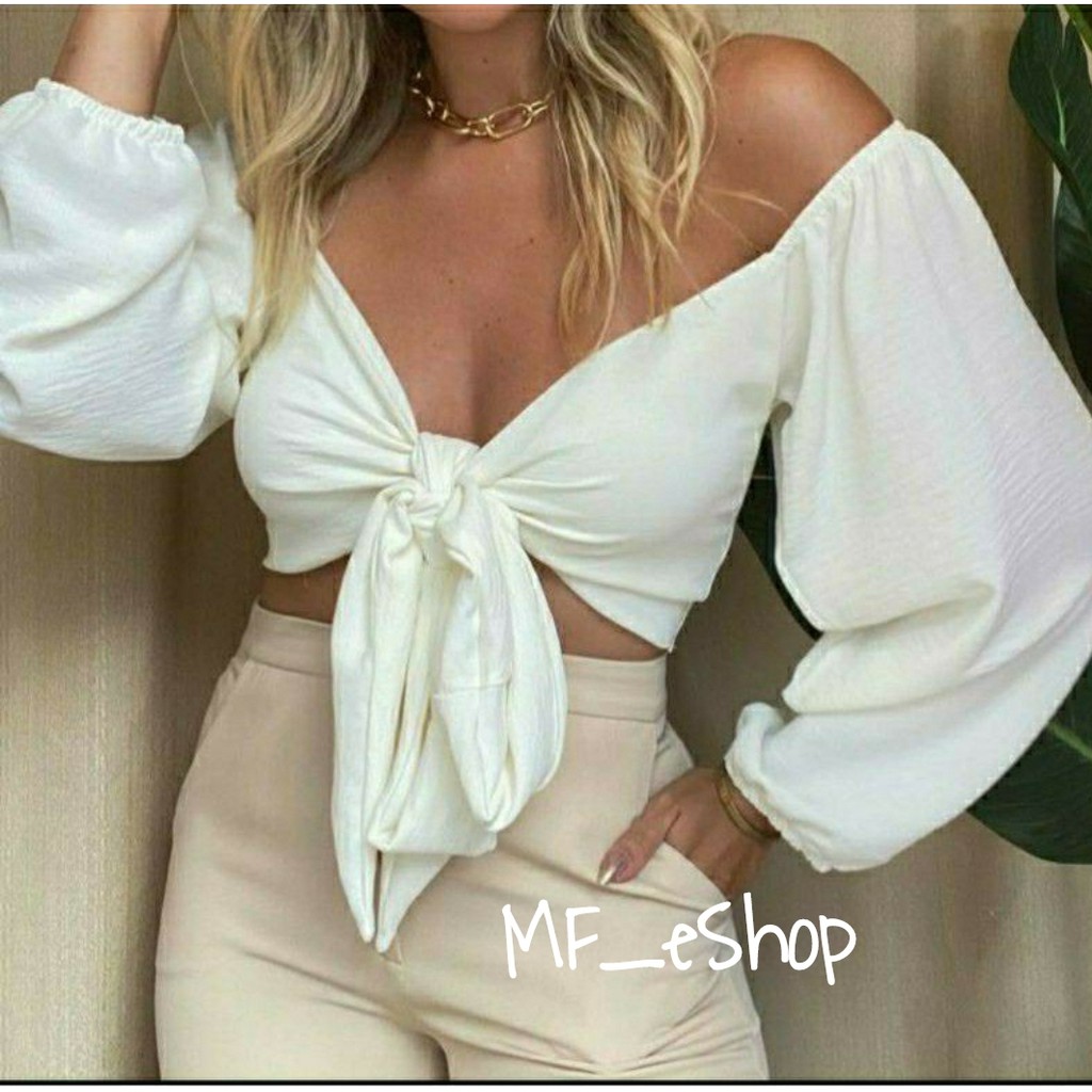 Blusa Cropped Manga Longa Flare Amarração - Amarrar na Frente Multiformas elastico punho