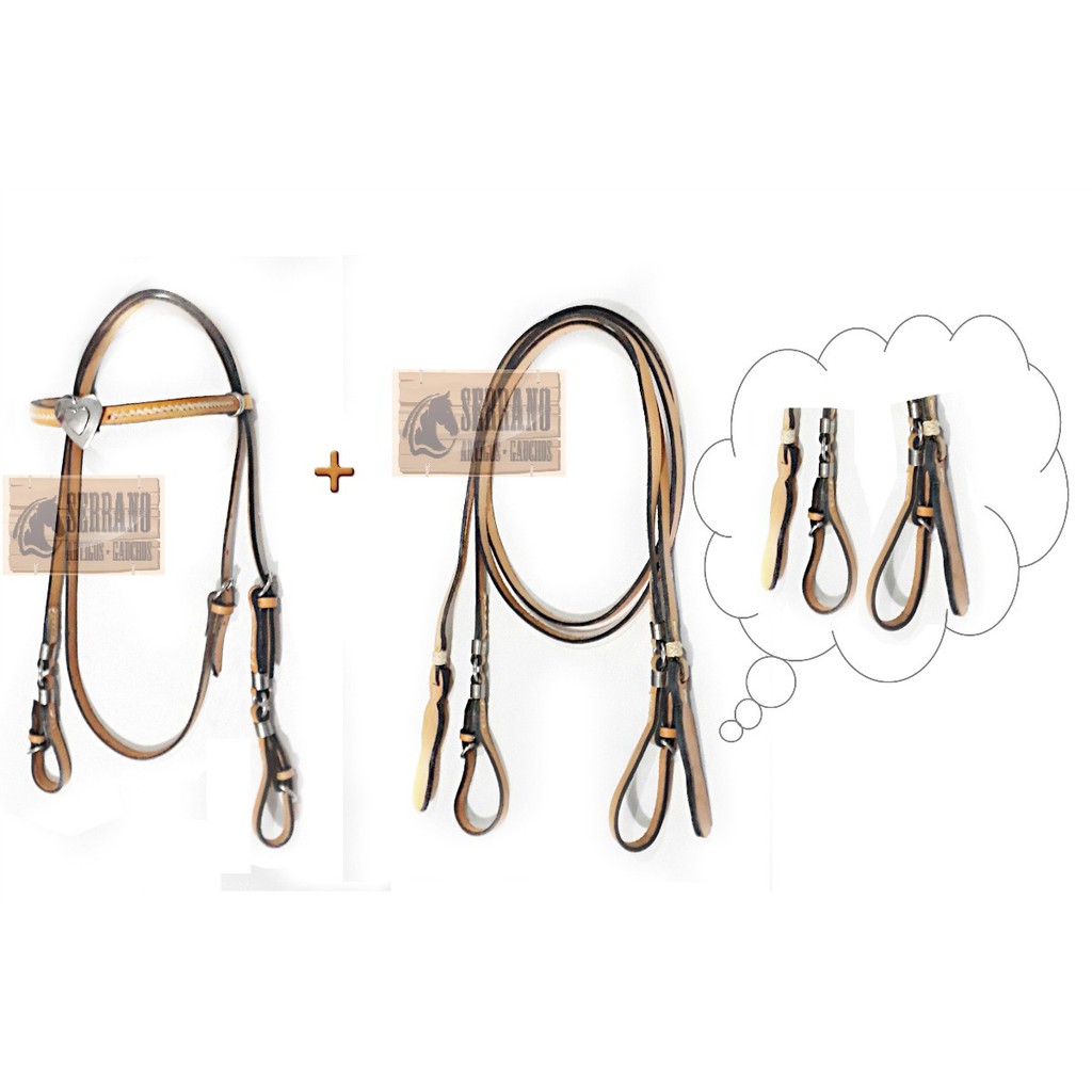Rédeas + Cabeçada Couro Cavalo Crioulo Argolas E Bombas Inox