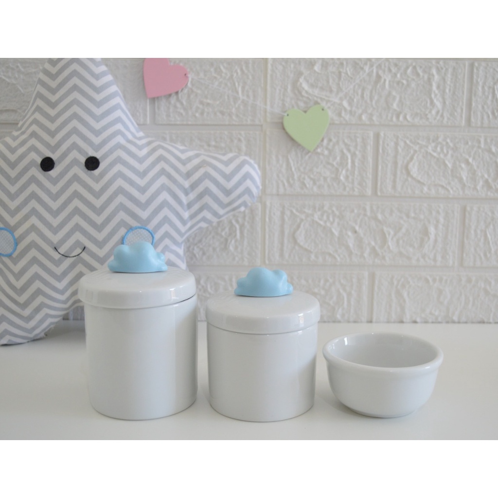 Kit Higiene Baby Bebê K015 Azul Decoração Potes Cotonete Algodão Urso Cavalo Nuvem Menino Bancada + Barato Site Promoção