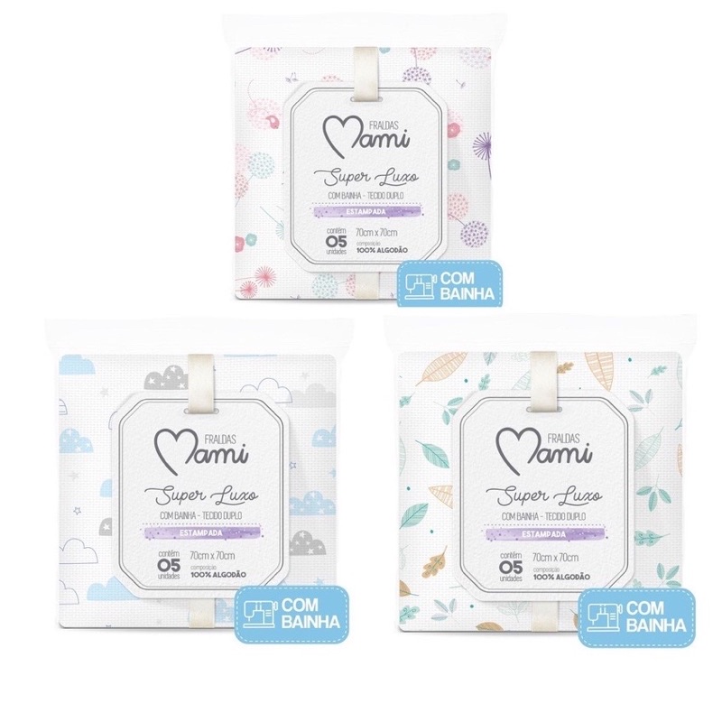 Fralda Com Bainha Tecido Duplo Super Luxo 100% Algodão 70x70cm Mami c/ 5 Unidades em Oferta na Shopee