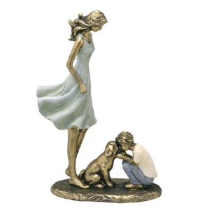 Enfeite para a casa - sala Escultura Decorativa Mãe com Filho e cachorro - Estatueta