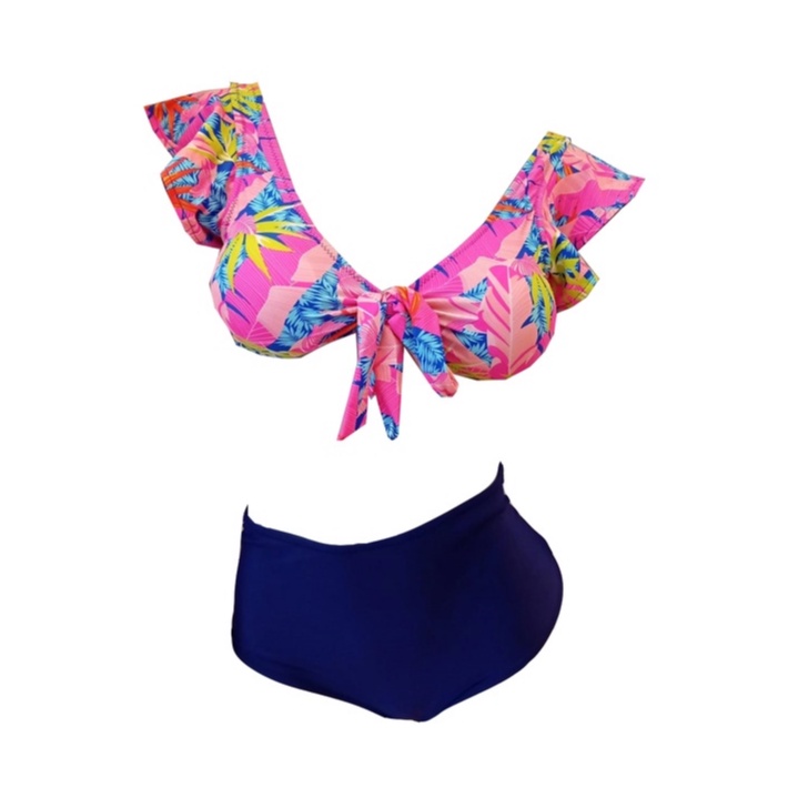 Biquíni Cropped Calcinha Cintura Alta Babado Ombro Ref.228