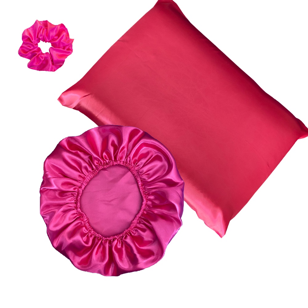 Kit 1 touca de cetim anti frizz + 1 fronha + amarrador de cabelo - Várias cores!