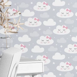 Papel Parede Quarto Menina Bebê Nuvem Cinza Laço Fofo 3m