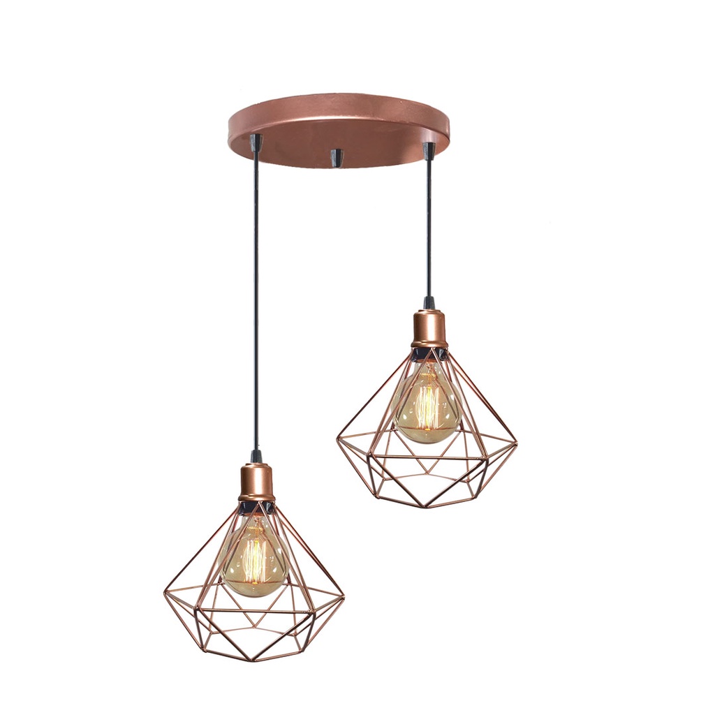 Lustre Luminária Pendente Diamante Duplo Rose Gold Cobre Capa Aramado Canopla