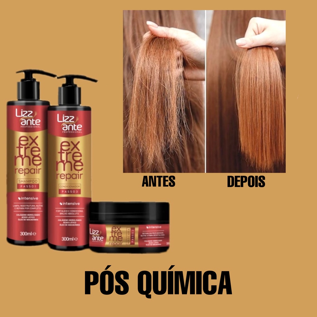 Kit Extreme Repair 300 ml Lizz ante -  Pós Química - Reconstrução Capilar com Colágeno - Recupera e Restaura os Fios Danificados - Repõe a Massa Capilar - Brilho Intenso - Reparador
