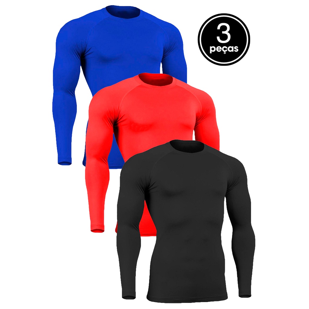 Kit 3 Blusa Masculina Proteção UV  Segunda Pele Térmica Poliéster Manga Longa Compressão
