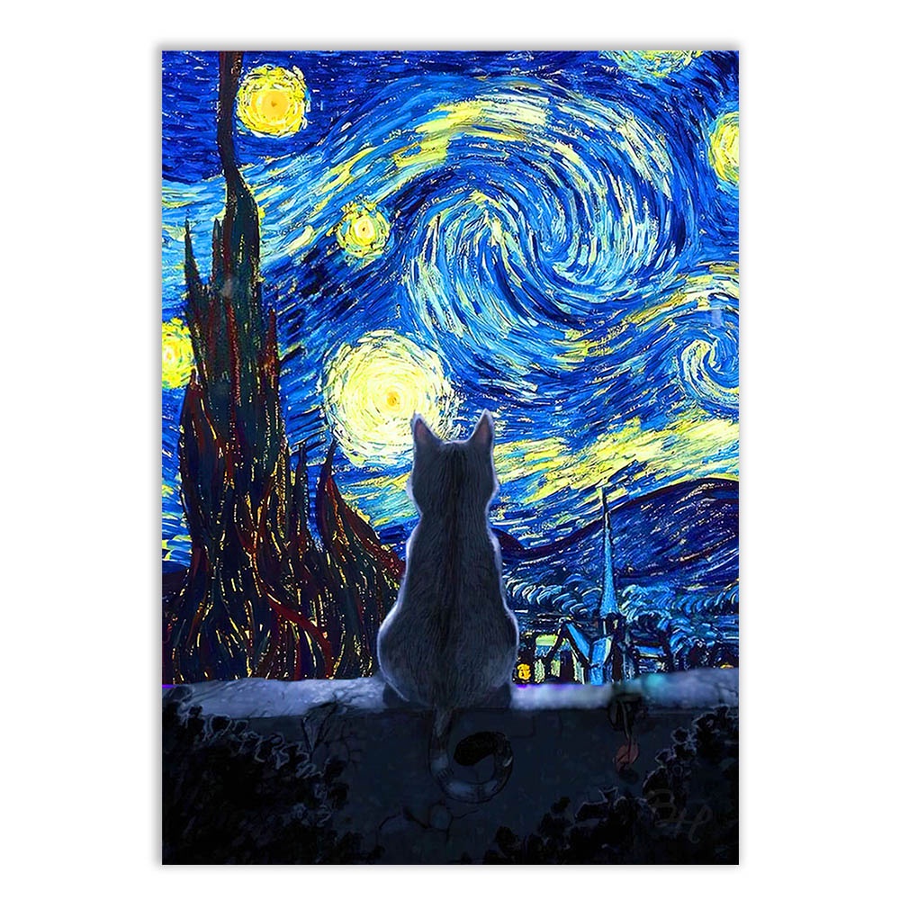 Placa Decorativa Gato Noite Estrelada Van Gogh Arte