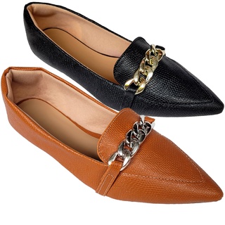 Kit Sapatilha Feminina Mocassim 2 Pares Preto, Marrom Com Fivela Dourada Bico Fino Confortável Casual Elegante