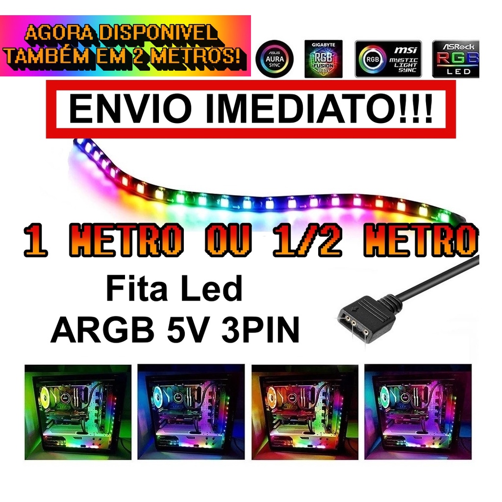 Fita Led ARGB 5v 3pin 1/2 metro 50cm ou 1 metro 100cm Aura Sync Polychrome Mystic Light Sync RGB Fusion