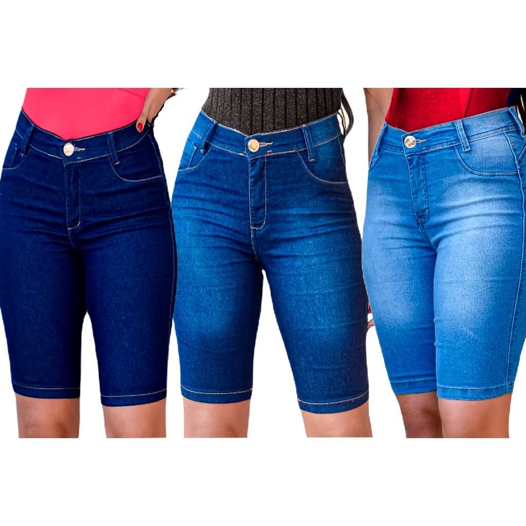 Kit 3 Bermuda Feminina Ciclista Jeans Lycra (Até o Joelho) temos do 38 ao 48 em Oferta na Shopee