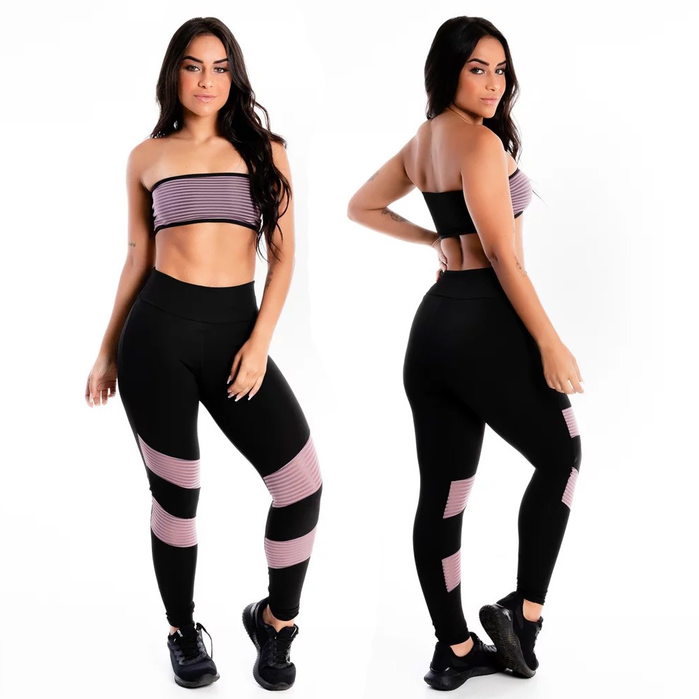 Conjunto Fitness Academia Cropped Tomara Que Caia e Calça Legging Cintura Alta sem Transparência