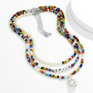 Boho Contas De Sementes Coloridas Com Imitação Branca Colar De Pérolas Gargantilha Para Homens Summer Rainbow Asymmetry Layered Letter Beaded Chain Necklace Jóias De Moda Masculina Acessórios No Pescoço