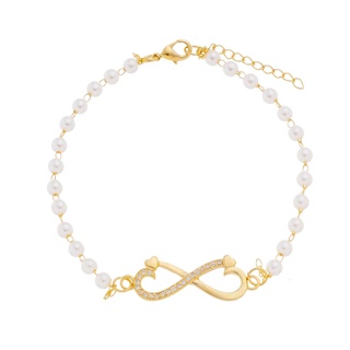 Pulseira Pérolas Pingente Infinito Amoeto Banhado a Ouro 18k
