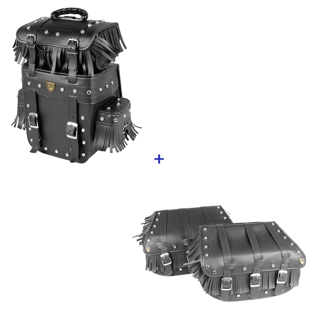 Kit Viagem Alforge Traseiro 25 Litros Couro Sintético C/ Cravos e Franjas + Alforge Lateral 3F 25 Litros Couro Sintético C/ Cravos e Franjas